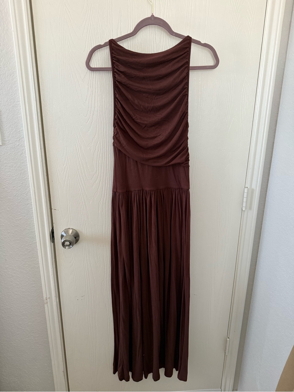Vici Ruched Sleeveless Maxi Dress in Deep Brown